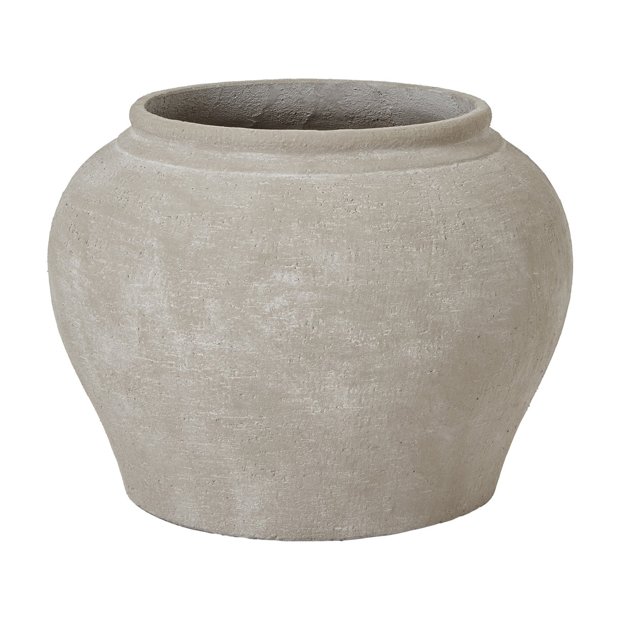 Hill Interiors Ordo Shaded Sand planter in textured beige stoneware with a rounded belly and wide neck, shown on a plain white background.