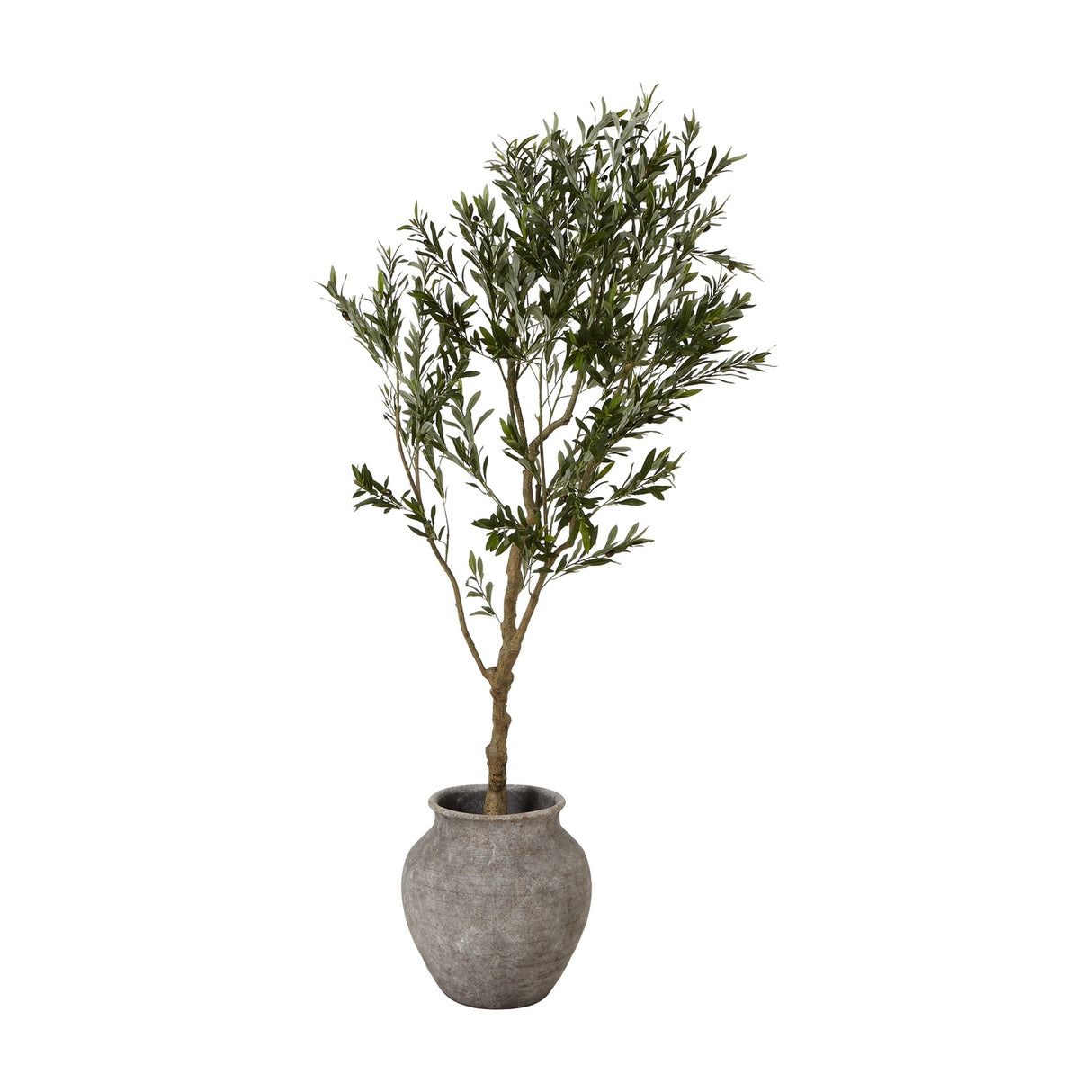 Hill Interiors Hellenic faux olive tree with layered green foliage in an aged grey stone-effect planter, shown on a plain white background.