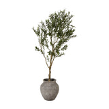 Hill Interiors Hellenic faux olive tree with layered green foliage in an aged grey stone-effect planter, shown on a plain white background.