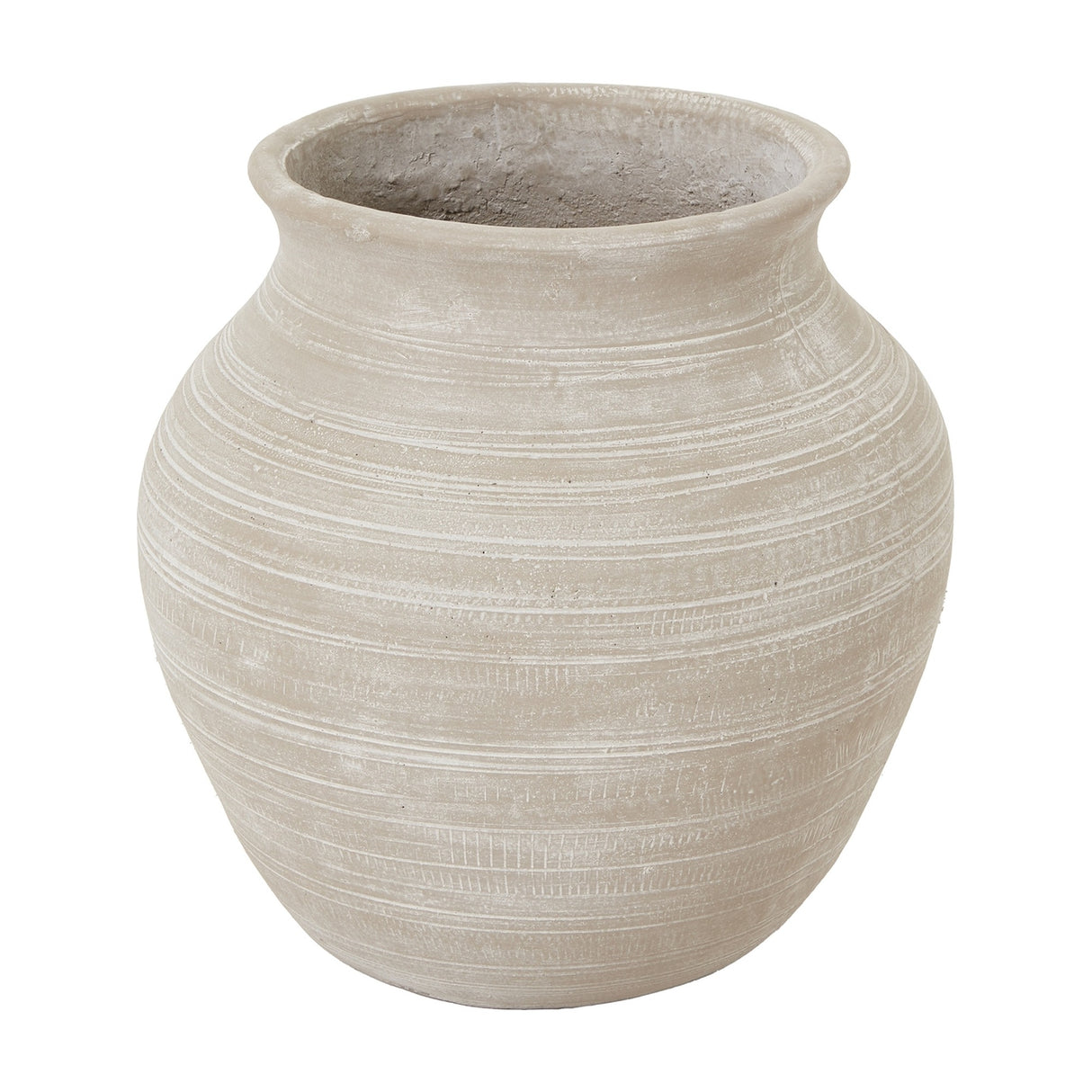 Hill Interiors Hellenic large planter pot in shaded sand ceramic with a rounded body, flared rim and horizontal ribbed banding, on a white background.