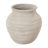 Hill Interiors Hellenic large planter pot in shaded sand ceramic with a rounded body, flared rim and horizontal ribbed banding, on a white background.