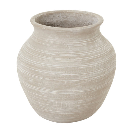 Hill Interiors Hellenic large planter pot in shaded sand ceramic with a rounded body, flared rim and horizontal ribbed banding, on a white background.