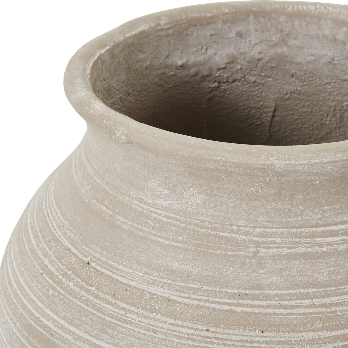Close-up of the Hill Interiors Hellenic large planter pot showing the shaded sand finish, ribbed horizontal detailing and wide flared rim.
