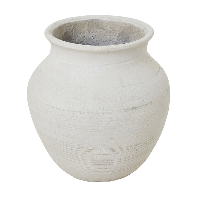Hill Interiors Hellenic Medium Lyme White Planter Pot, a rounded ceramic-look vessel with ribbed banding and flared rim, on a white background.