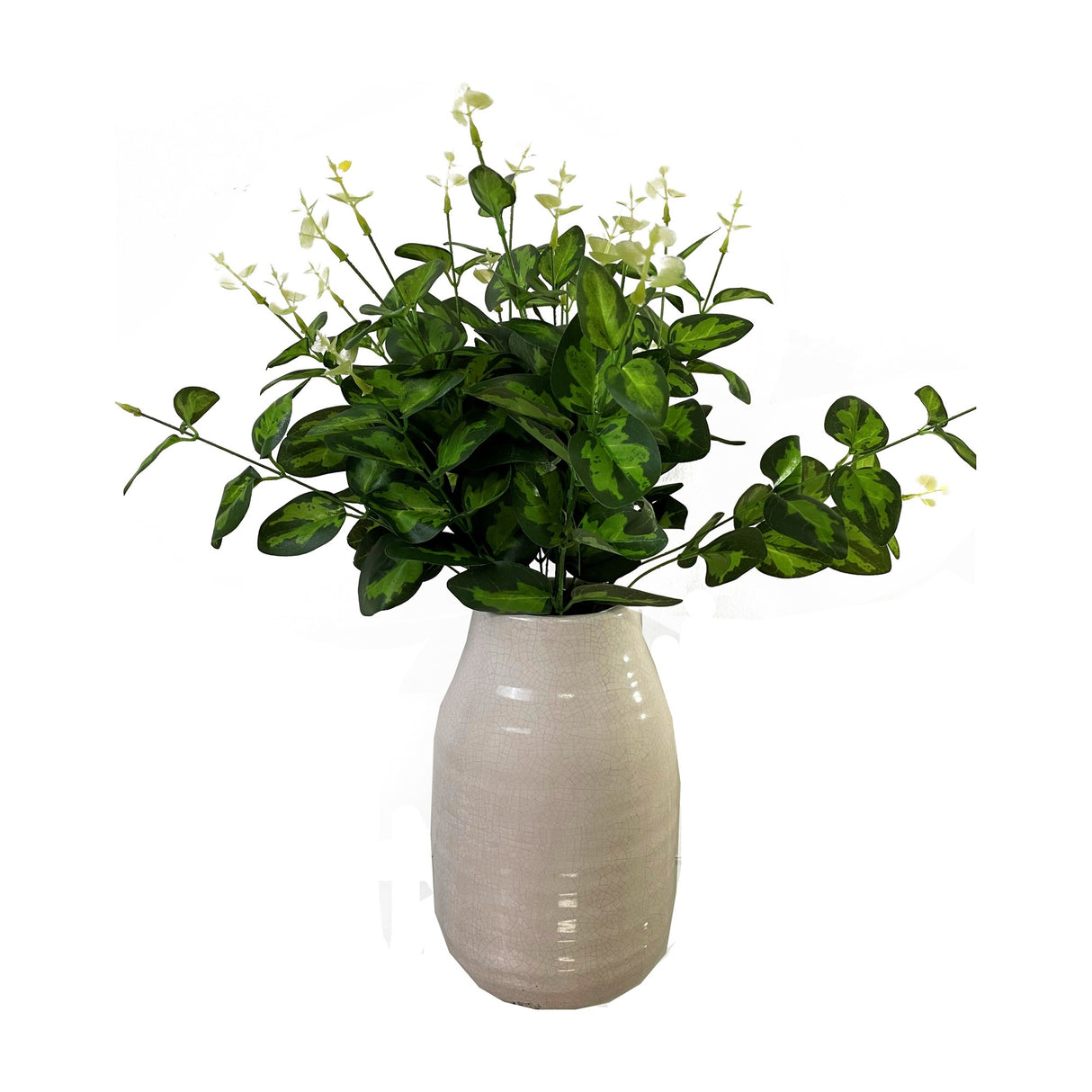 Hill Interiors Variegated Leaf Spray with mottled green foliage and small white buds arranged in a cream crackle-glaze ceramic vase on a white background.