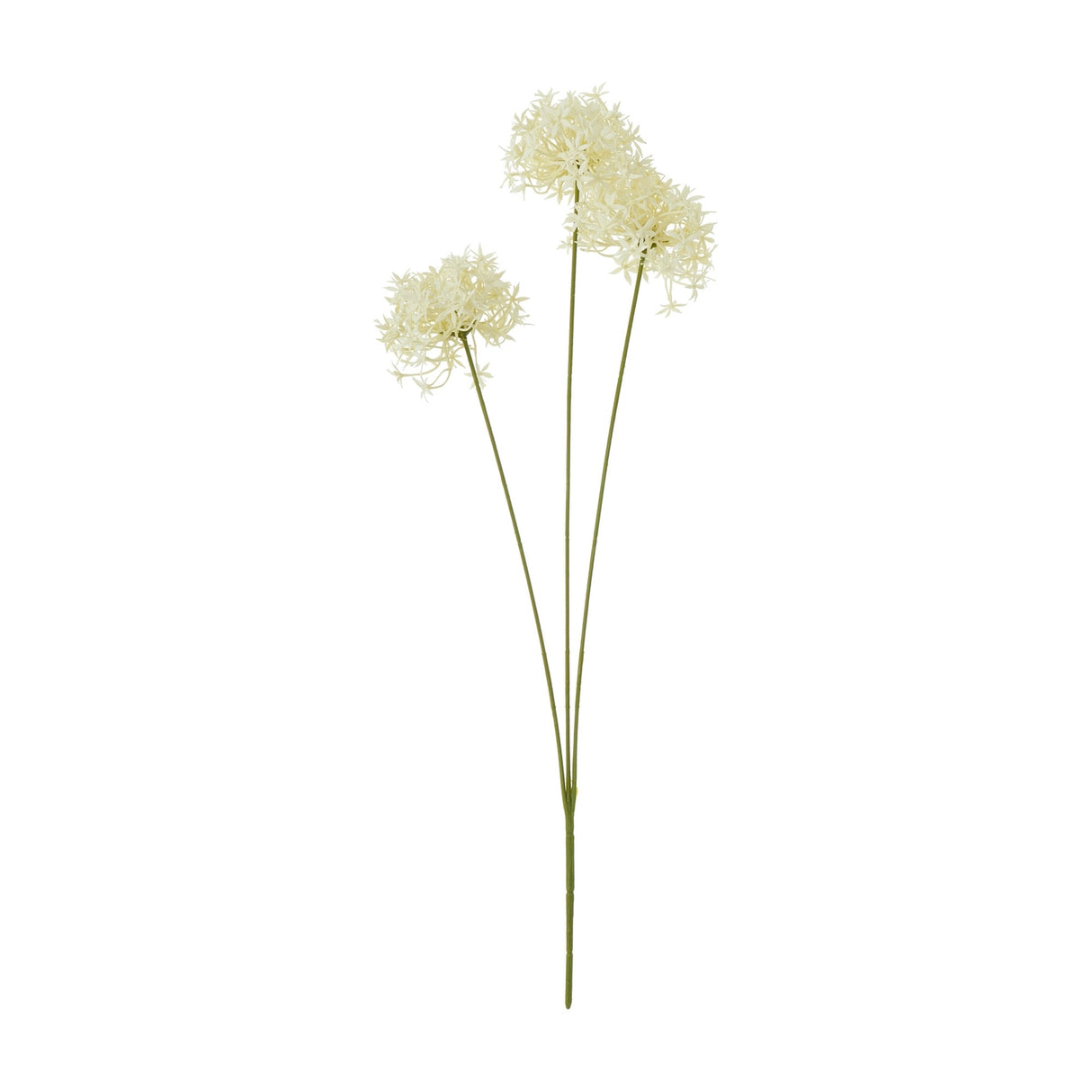 Hill Interiors Three Head Cream Allium Spray with three globe-shaped clusters of tiny cream florets on slender green stems, shown against a white background.