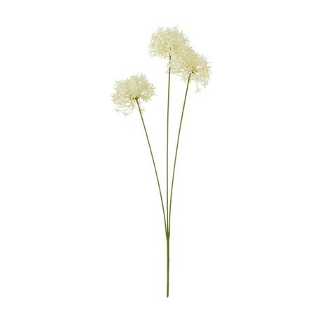 Hill Interiors Three Head Cream Allium Spray with three globe-shaped clusters of tiny cream florets on slender green stems, shown against a white background.