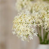 Close-up of Hill Interiors Three Head Cream Allium Spray showing globe-shaped clusters of tiny cream florets on green stems against a soft neutral background.