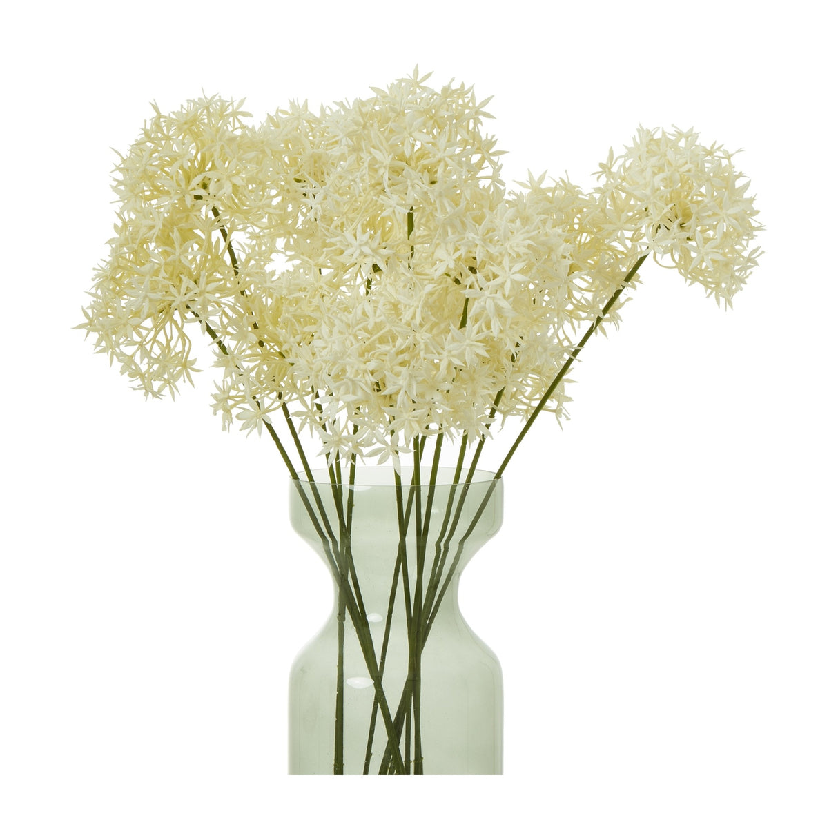 Hill Interiors Three Head Cream Allium Spray with globe-shaped florets on wired stems, arranged in a green glass vase against a white background.