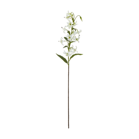 Hill Interiors Turks Cap Green Lily Spray with recurved white-green blooms, long stamens and slim leaves on a tall stem, shown on a white background.