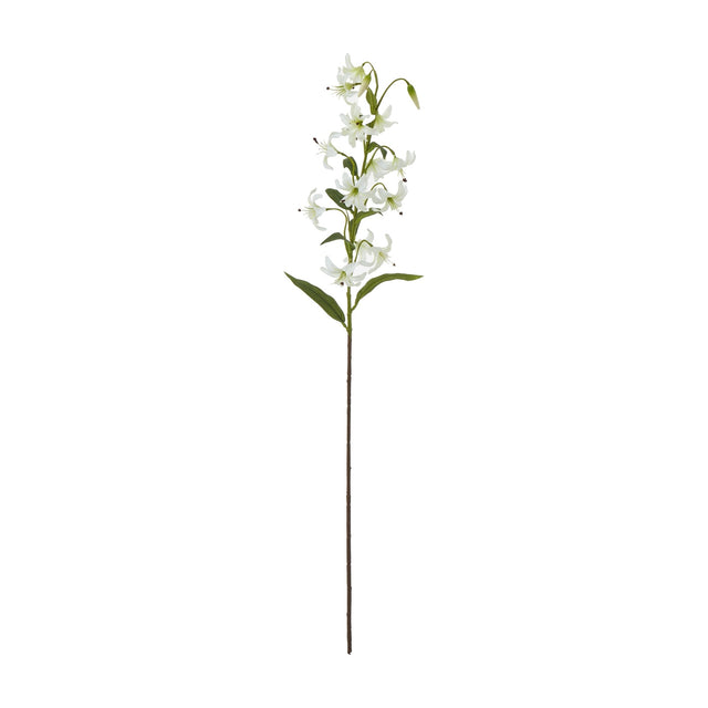 Hill Interiors Turks Cap Green Lily Spray with recurved white-green blooms, long stamens and slim leaves on a tall stem, shown on a white background.