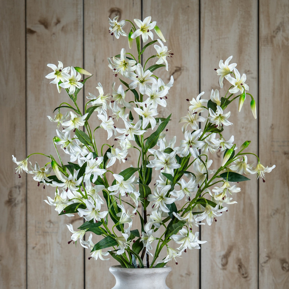 Hill Interiors Turks Cap Green Lily Spray arranged with multiple white lily blooms and green foliage in a pale vase against a wooden plank backdrop.