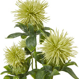 Hill Interiors Green Safflower Spray faux flower stem with spiky rounded buds and muted green foliage, shown against a plain white background.