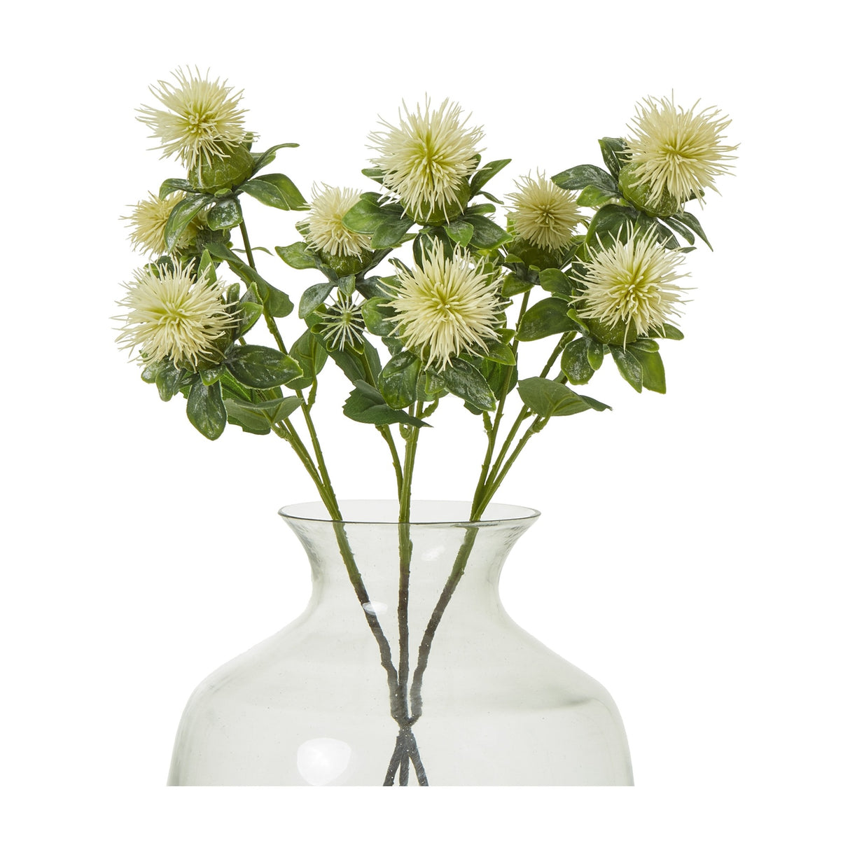 Hill Interiors Cream Safflower Spray with fringed cream thistle-like blooms and green foliage, arranged in a clear glass vase against a white background.