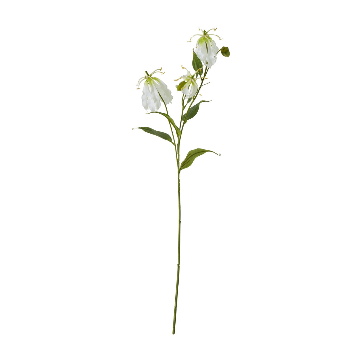 Hill Interiors Cream Gloriosa Spray, an 84cm faux flame lily stem with curled cream petals and slim green foliage, shown on a plain white background.