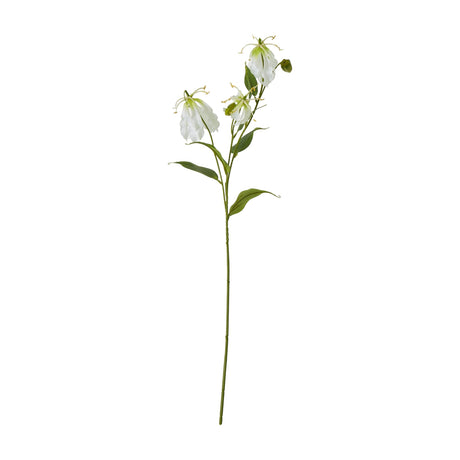 Hill Interiors Cream Gloriosa Spray, an 84cm faux flame lily stem with curled cream petals and slim green foliage, shown on a plain white background.