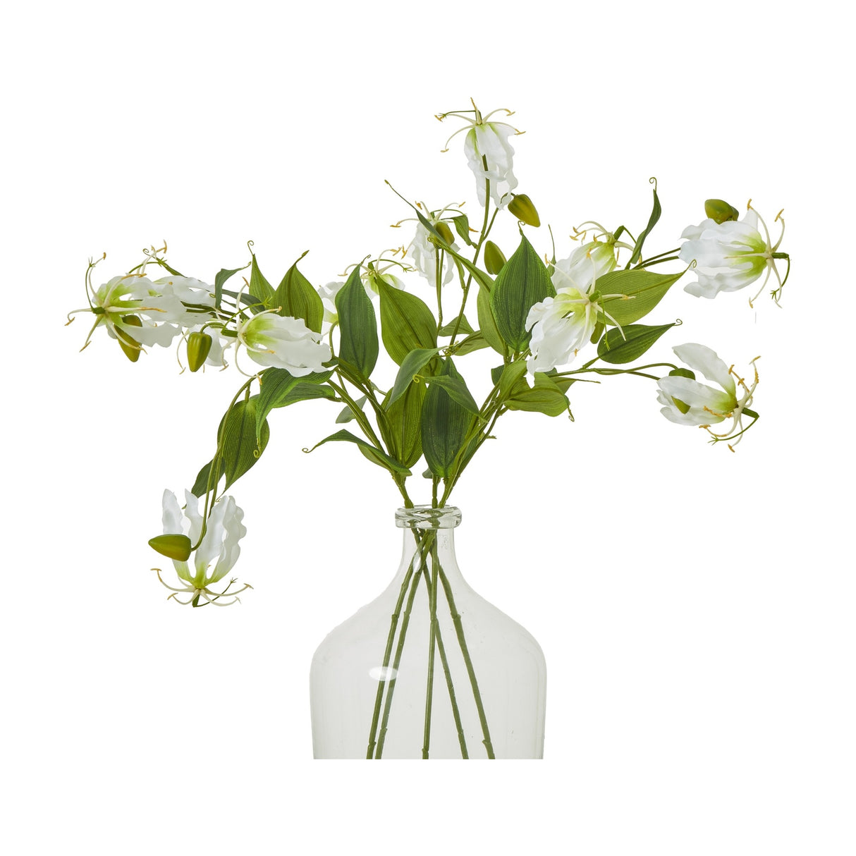 Hill Interiors Cream Gloriosa Spray faux flower stems with curled cream petals and green foliage arranged in a clear glass bottle vase.