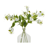 Hill Interiors Cream Gloriosa Spray faux flower stems with curled cream petals and green foliage arranged in a clear glass bottle vase.