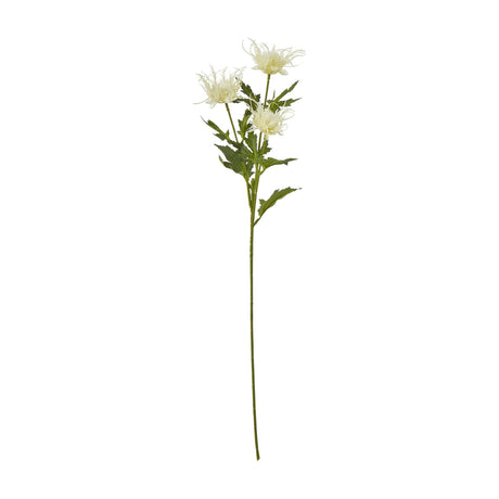 Hill Interiors Cream Sea Holly Spray, a 67cm faux foliage stem with three spiky cream thistle-like heads and green leaves, on a plain white background.