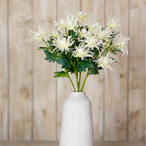 Hill Interiors Cream Sea Holly Spray with spiky cream bracts and green foliage arranged in a tall white ceramic vase against a wooden panel backdrop.