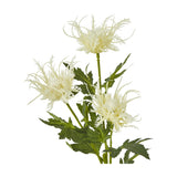 Hill Interiors Cream Sea Holly Spray faux foliage stem with three spiky cream thistle-like heads and green serrated leaves on a white background.