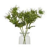 Hill Interiors Green Sea Holly Spray faux foliage stems with spiky thistle-like heads and textured leaves, arranged in a clear glass vase on a white background.