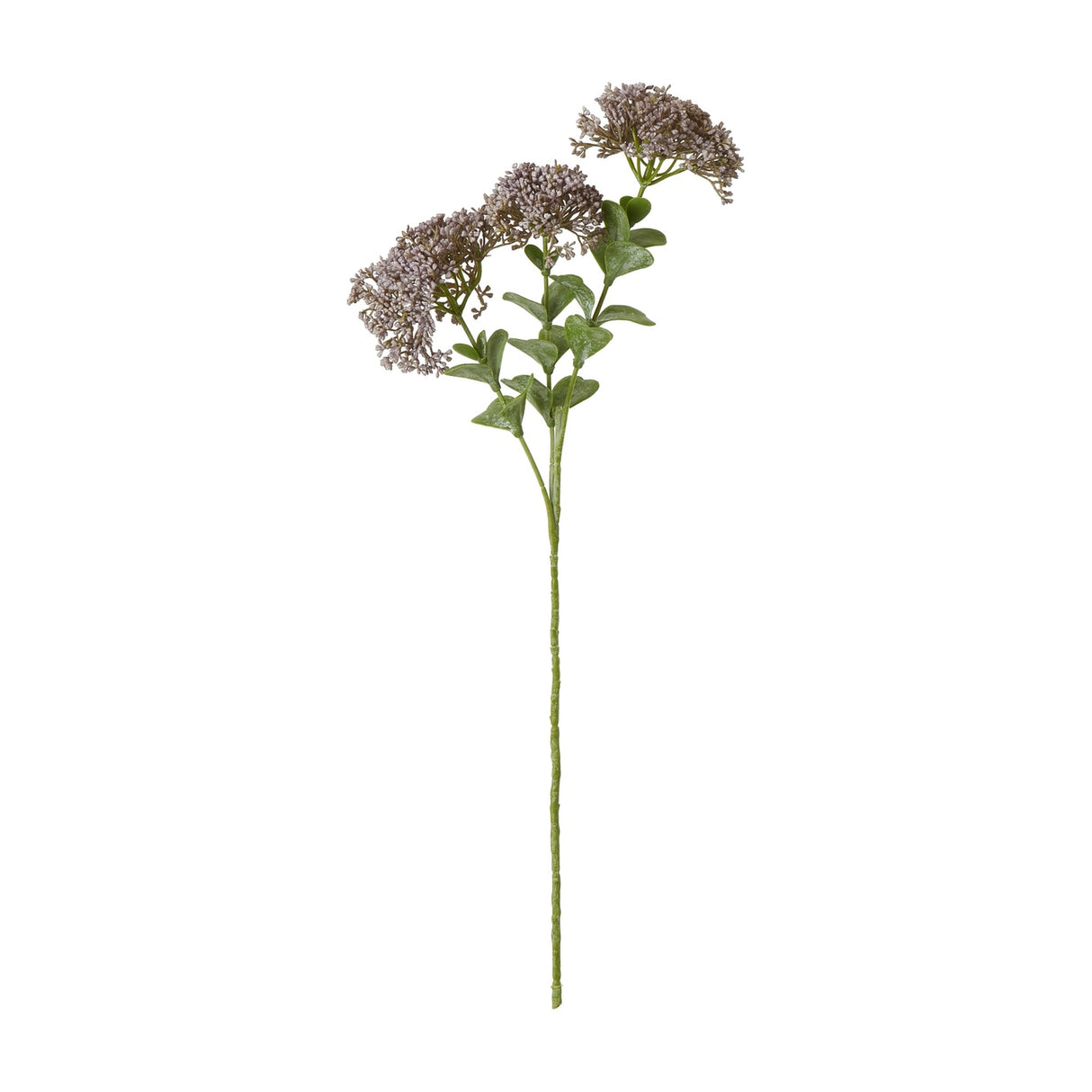 Hill Interiors Purple Sedum Spray, a faux flower stem with clustered mauve florets and green leaves on a slim stem, shown on a plain white background.