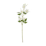 Hill Interiors Cream Pearl Clematis Spray with several open cream blooms, buds, and green leaves along a slim wired stem on a plain white background.