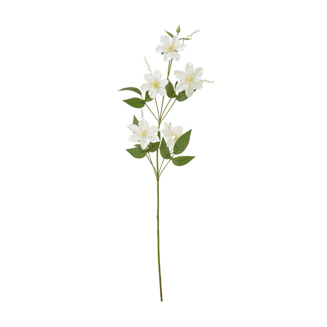 Hill Interiors Cream Pearl Clematis Spray with several open cream blooms, buds, and green leaves along a slim wired stem on a plain white background.