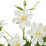 Close-up of Hill Interiors Cream Pearl Clematis Spray showing open cream blooms with pale yellow centres, a green bud, curled tendrils and slim leaves.