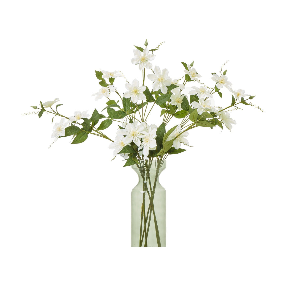 Hill Interiors Cream Pearl Clematis Spray arranged in a tall clear glass vase, showing multiple stems of cream blooms and green leaves.