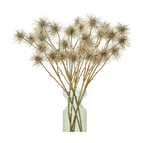 Hill Interiors Brown Xanthium Spray with burr-like earthy brown blooms and slender tapered foliage, arranged in a green glass vase against a white background.