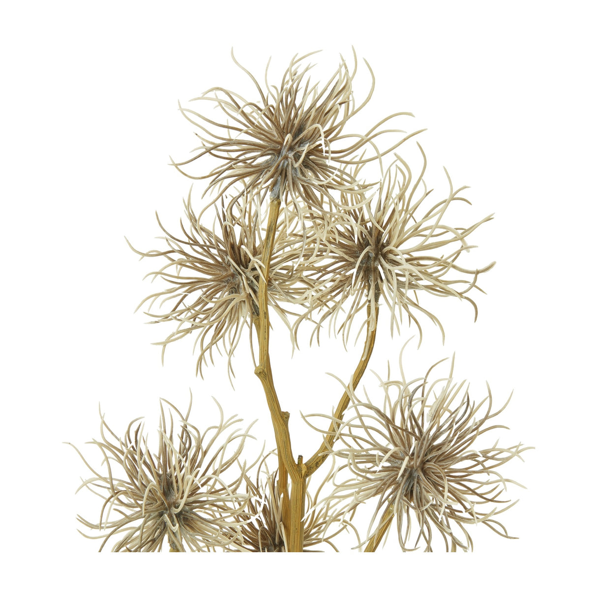 Hill Interiors Brown Xanthium Spray faux plant stem with burr-like blooms and tapered leaves in earthy brown tones, shown against a plain white background.