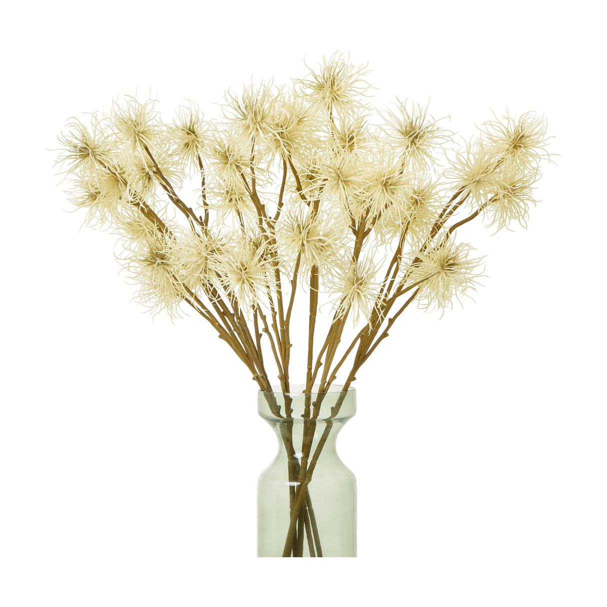 Hill Interiors Cream Xanthium Spray with fluffy cream blooms on slender branching stems, displayed in a green glass vase against a white background.