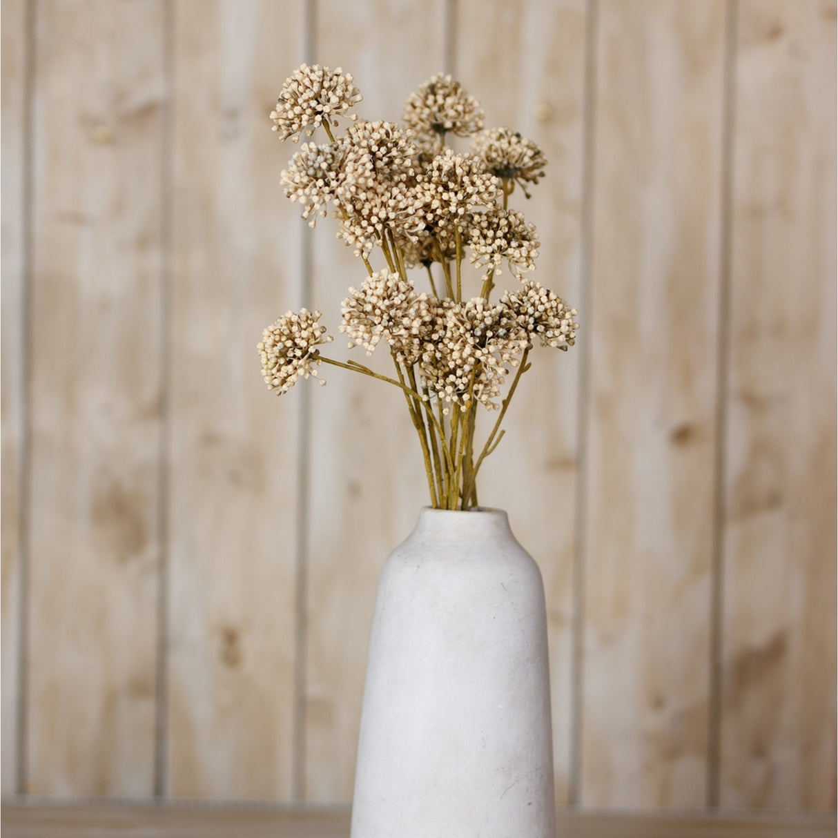 Hill Interiors Brown Allium Spray faux stem with clustered pom-pom florets displayed in a tall white ceramic vase against a light wood panel backdrop.