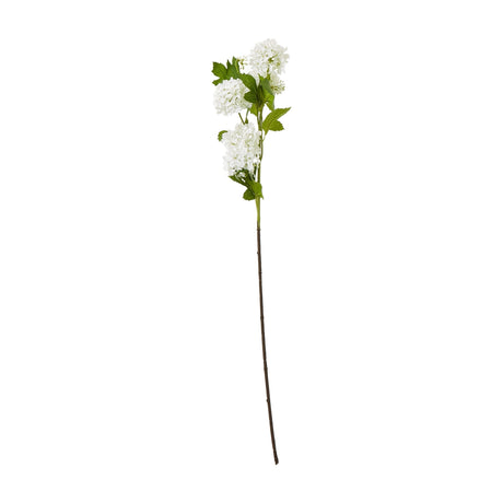 Hill Interiors cream snowball viburnum spray with rounded clusters of tiny petals and veined green leaves on a long stem, shown against a white background.