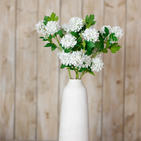 Hill Interiors Cream Snowball Viburnum Spray arranged in a tall white vase against a pale wood plank background.
