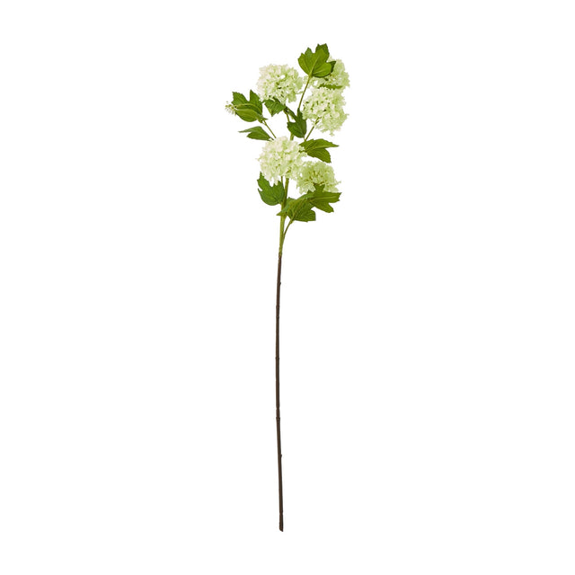 Hill Interiors Green Snowball Viburnum Spray faux flower stem with clustered pale green blooms and branching leaves on a plain white background.