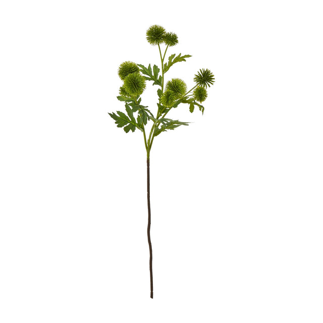 Hill Interiors Green Globe Thistle Spray faux plant with spiky round flower heads and slim leaves on a branching stem, shown against a white background.