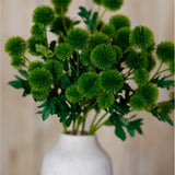 Hill Interiors Green Globe Thistle Spray with rounded spiky green flower heads and slim leaves arranged in a white ceramic vase.