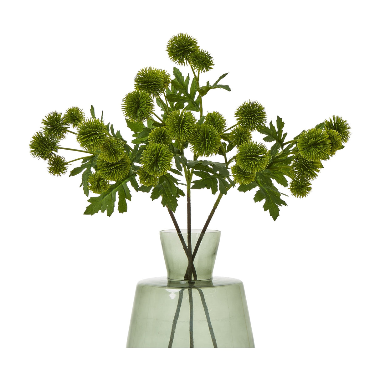 Hill Interiors Green Globe Thistle Spray faux plant with spiky round heads and slim leaves arranged in a green glass vase on a white background.