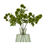 Hill Interiors Green Globe Thistle Spray faux plant with spiky round heads and slim leaves arranged in a green glass vase on a white background.