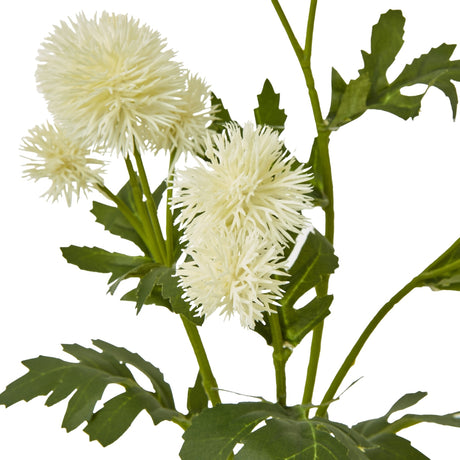 Hill Interiors Cream Globe Thistle Spray faux stem with rounded spiky cream florets and green serrated leaves on a white background.