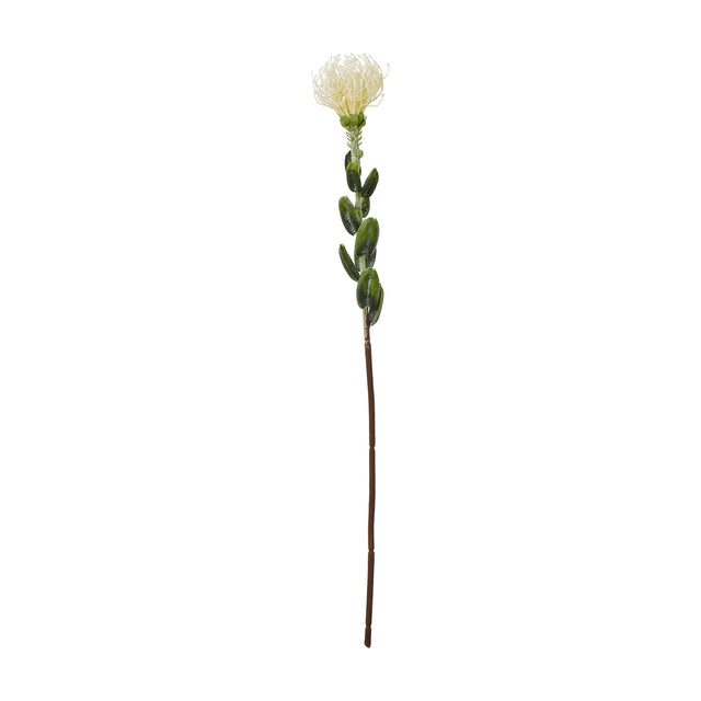 Hill Interiors Cream Pincushion Protea Spray, a 61cm faux stem with a domed cream filament bloom and green leaves, shown on a plain white background.
