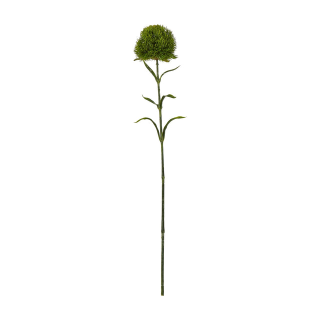 Hill Interiors Dark Green Dianthus Stem, a 53cm faux flower with a ruffled green bloom and slender leafy stem, shown on a plain white background.