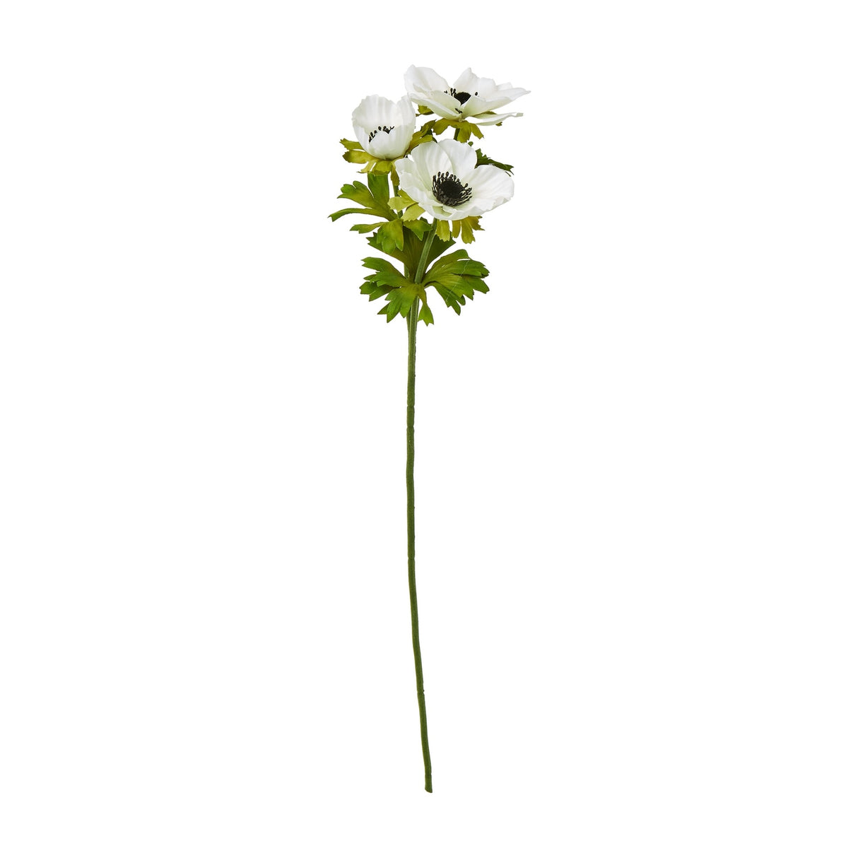 Hill Interiors White Anemone Spray with three layered white blooms, dark centres and green foliage on a slender stem, shown against a white background.