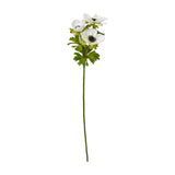 Hill Interiors White Anemone Spray with three layered white blooms, dark centres and green foliage on a slender stem, shown against a white background.