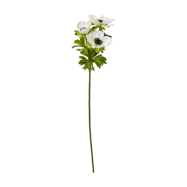 Hill Interiors White Anemone Spray with three layered white blooms, dark centres and green foliage on a slender stem, shown against a white background.