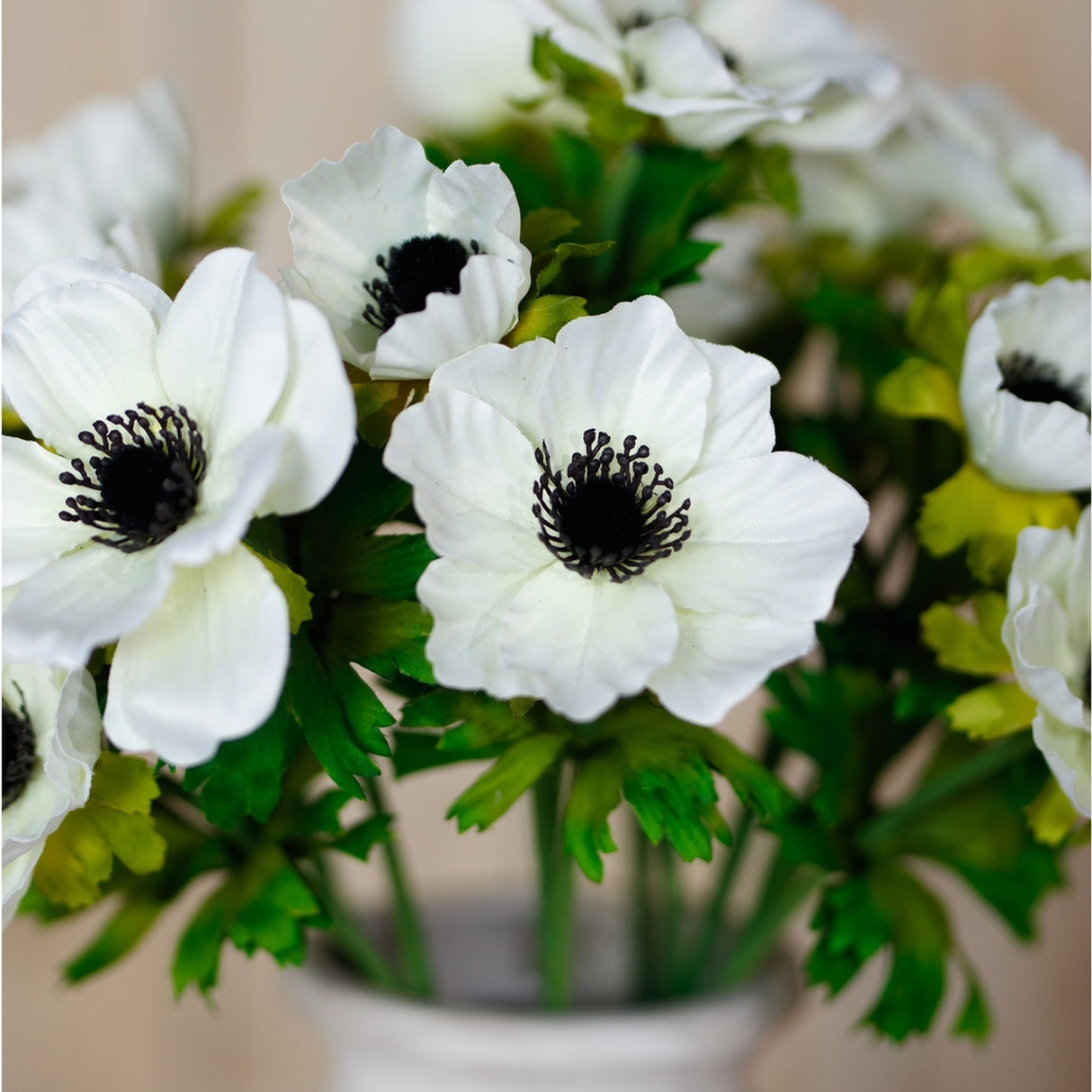 Hill Interiors White Anemone Spray with layered white petals and dark centres, arranged with green foliage in a vase.