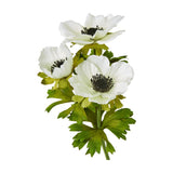 Hill Interiors White Anemone Spray faux stem with three white blooms, dark centres, and green foliage on a plain white background.